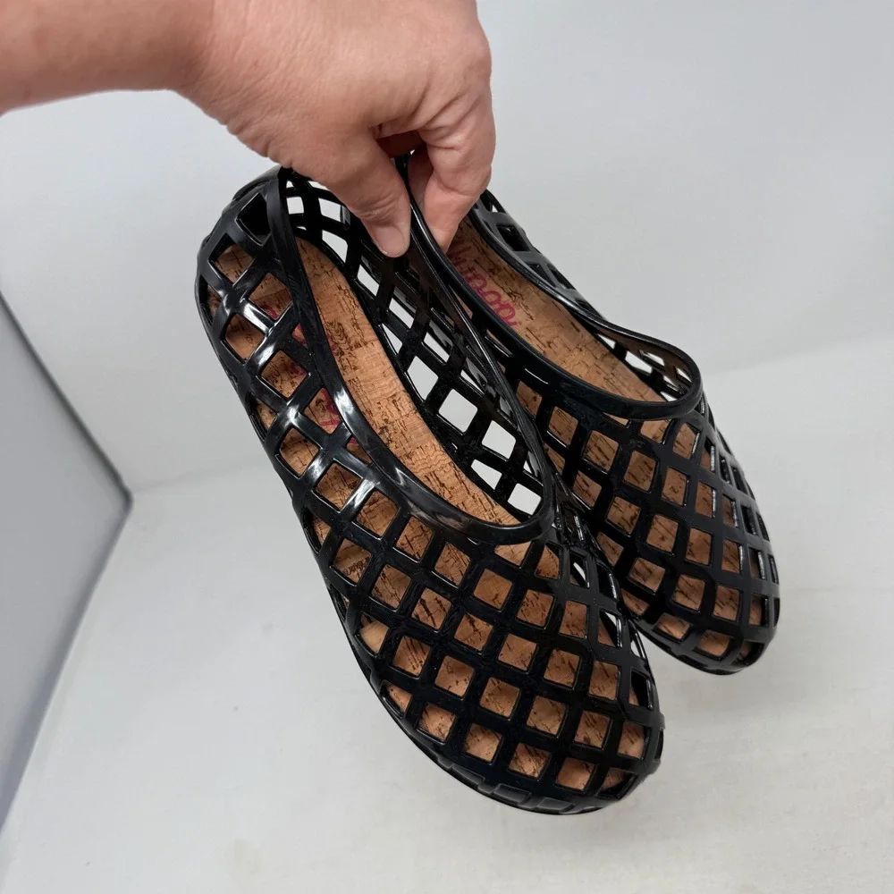 Jellypop Jelly‎ Flats Black Size 9 Lattice Cage Fisherman Cork Footbed